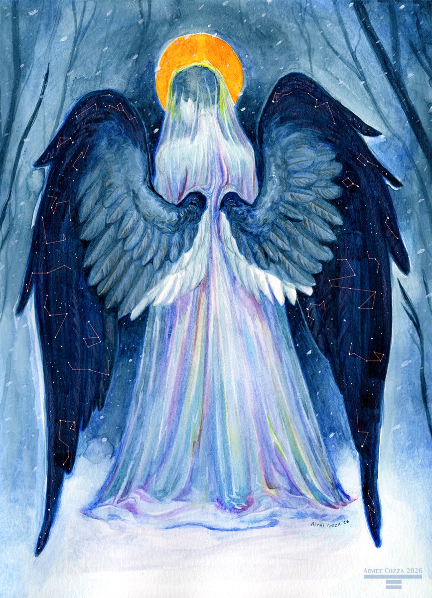 A watercolor painting of a man, draped in an iridescent multicolored see through cloth, with massive black and white wings coming out of his back. The cloth goes over his head. He is standing in front of a orange/yellow moon. A wintery forest is in the background, snow drifting in front of him. Constellations of stars are in the darkest parts of the midnight blue of his wings.