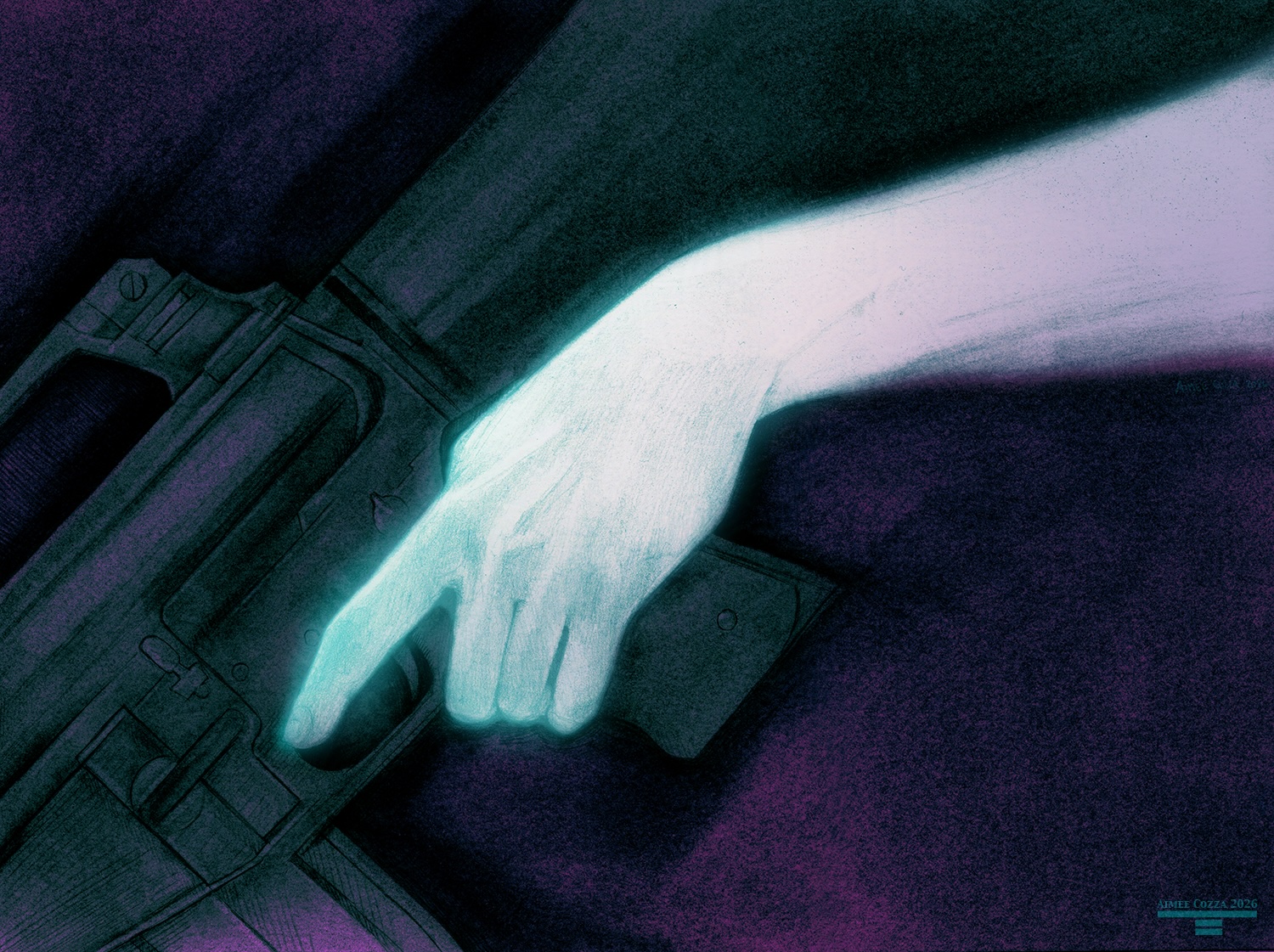 A ghostly pale blue and pink hand reaching in to gracefully grab over the grip and trigger of a dark, gritty, textural M-16, partially hidden in the darkness of the background shadows.