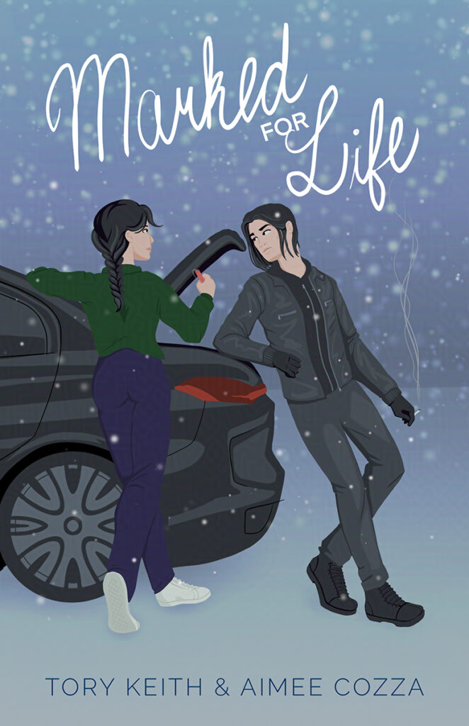 A cartoon-style vector-ish artwork of a woman leaning over the back of a car, holding up a small stick of dynamite. To her right, a man wearing a black leather jacket is leaning on the back of the trunk of the car, smoking a cigarette. Text over top reads "Marked for Life" and "Tory Keith & Aimee Cozza". It's snowing in the background.
