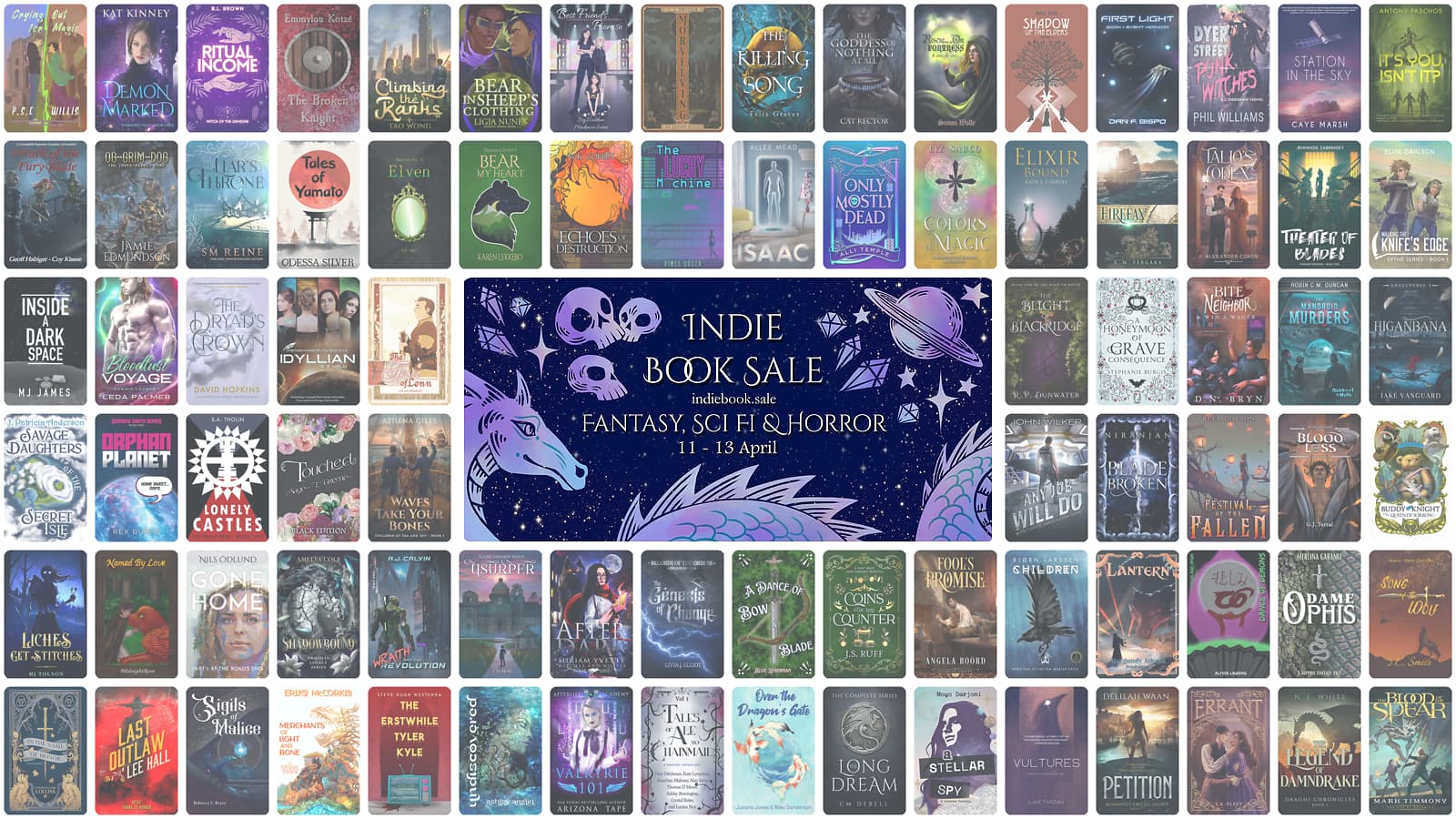 Narratess Indie Book Sale Multiple book covers spread across a landscape orientation composition with the text in the middle "indie book sale; indiebook.sale, fantasy, sci-fi, & horror, April 11-13"