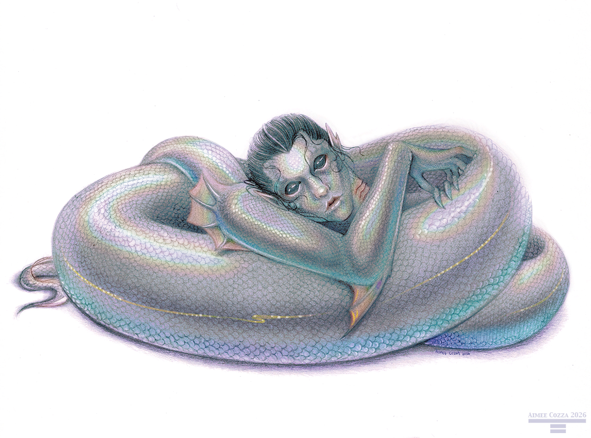 Artwork, graphite and colorized digitally, of an iridescent white merman, coiled up and around himself tightly. His shoulder and arm is poking out, along with his face, looking at the viewer with completely black eyes.